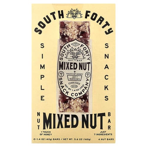 South Forty Snack Company, Nut Bar, Mixed Nut + Touch of Honey, 4 Bars, 1.4 oz (40 g) Each
