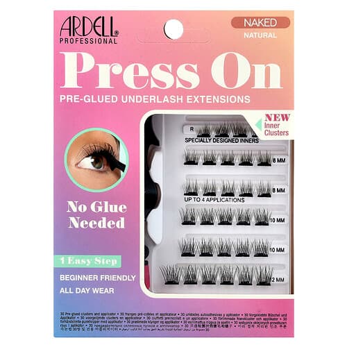 Ardell, Press On, Pre-Glued Underlash Extensions, Naked Natural, 30 Pre-Glued Clusters and Applicator