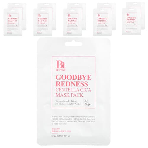 Benton, Goodbye Redness Centella Cica Beauty Mask Pack, 10 Sheets, 0.81 oz (23 g) Each