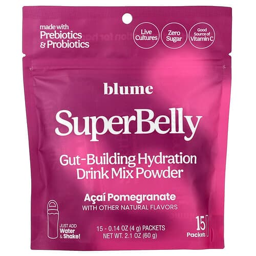 Blume, SuperBelly, Gut-Building Hydration Drink Mix Powder, Acai Pomegranate, 15 Packets, 0.14 oz (4 g) Each