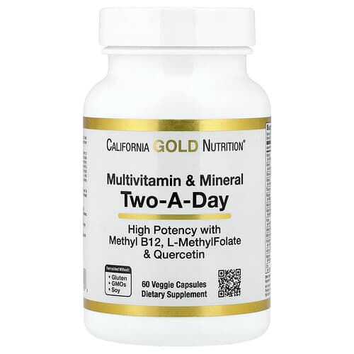California Gold Nutrition, Multivitamin and Mineral with Methyl B12, Vitamin C, L-MethylFolate and Quercetin, Two-A-Day, 60 Veggie Capsules