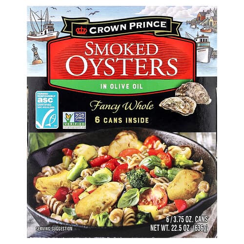 Crown Prince Natural, Smoked Oysters In Olive Oil, Fancy Whole, 6 Cans, 3.75 oz (106 g) Each