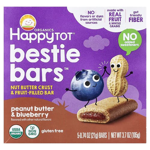 Happy Family Organics, HappyTot®, Bestie Bars™, Peanut Butter & Blueberry, 5 Bars, 0.74 oz (21 g) Each