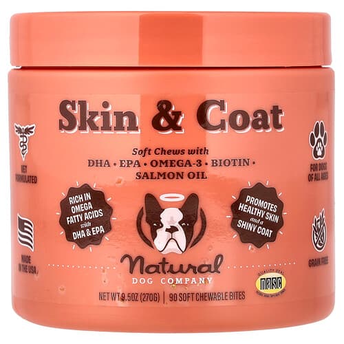 Natural Dog Company, Skin & Coat, For Dogs, All Ages, 90 Soft Chewable Bites, 9.5 oz (270 g)