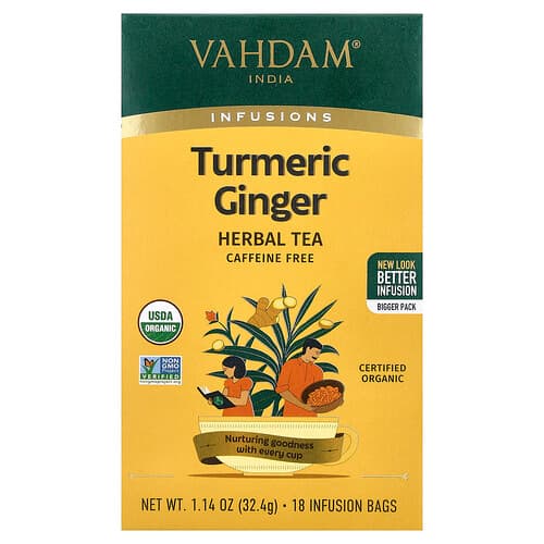 VAHDAM India, Infusions, Herbal Tea, Turmeric Ginger, Caffeine Free, 18 Infusion Bags, 1.14 oz (32.4 g)