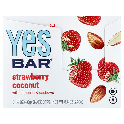 Yes Bar, Snack Bar, Strawberry Coconut with Almonds & Cashews, 6 Bars, 1.4 oz (40 g) Each