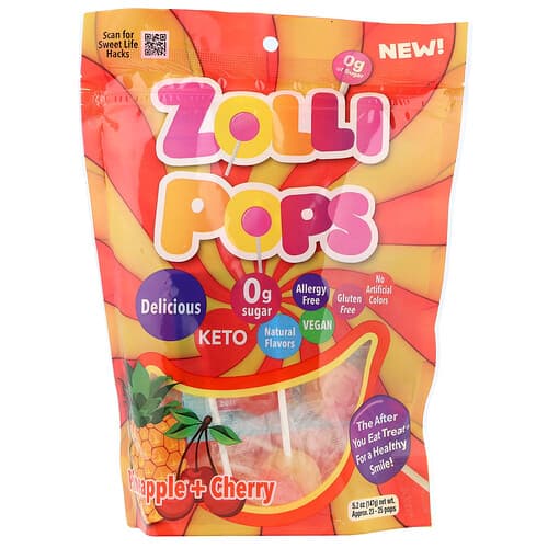 Zollipops, The Clean Teeth Pops, Cherry + Pineapple, Approx. 23-25 Pops, 5.2 oz (147 g)