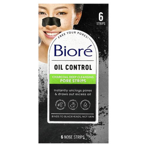 Biore, Charcoal Deep Cleansing Pore Strips, Oil Control, 6 Nose Strips