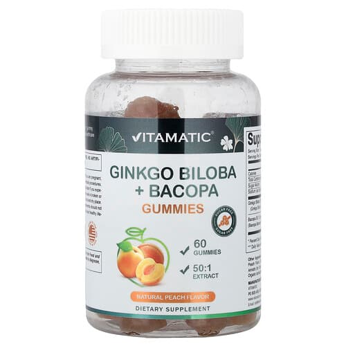 Vitamatic, Ginkgo Biloba + Bacopa Gummies, Natural Peach, 60 Gummies